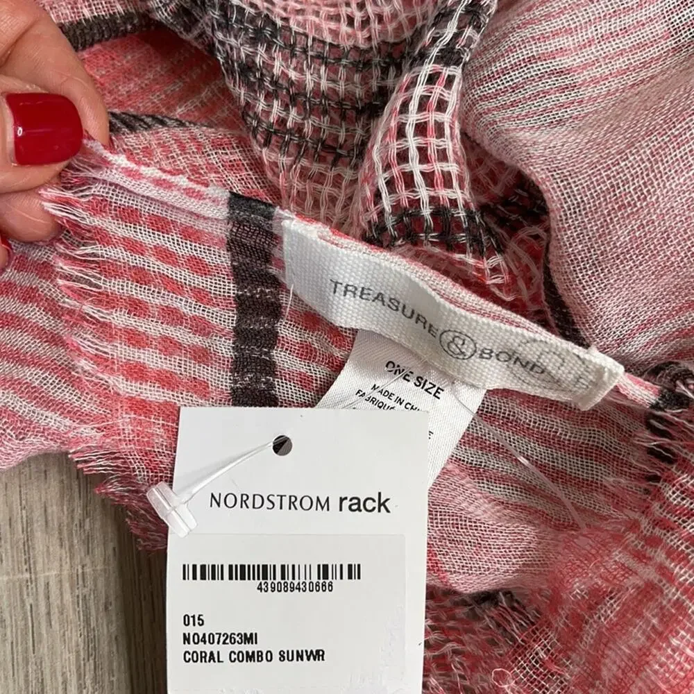 NWT TREASURE & BOND Coral Combo Plaid Frayed Edge Scarf